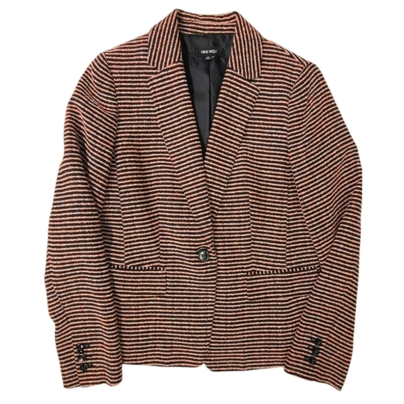 Nine West Womens Blazer Long Sleeve Button Front Jacket Striped Black Size 10